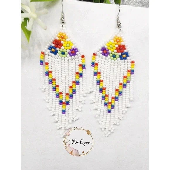 Beaded Earrings Bohemian, Beaded Drop Dangle Earrings Handmade - Picture 3 of 6